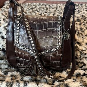 Raviani Dark Brown Croc-Embossed Shoulder Bag with Studs